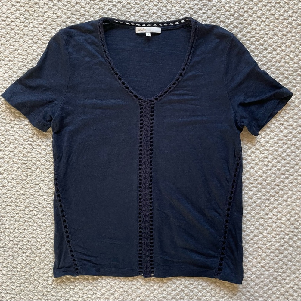 Maje blue linen t-shirt with crocheted trim